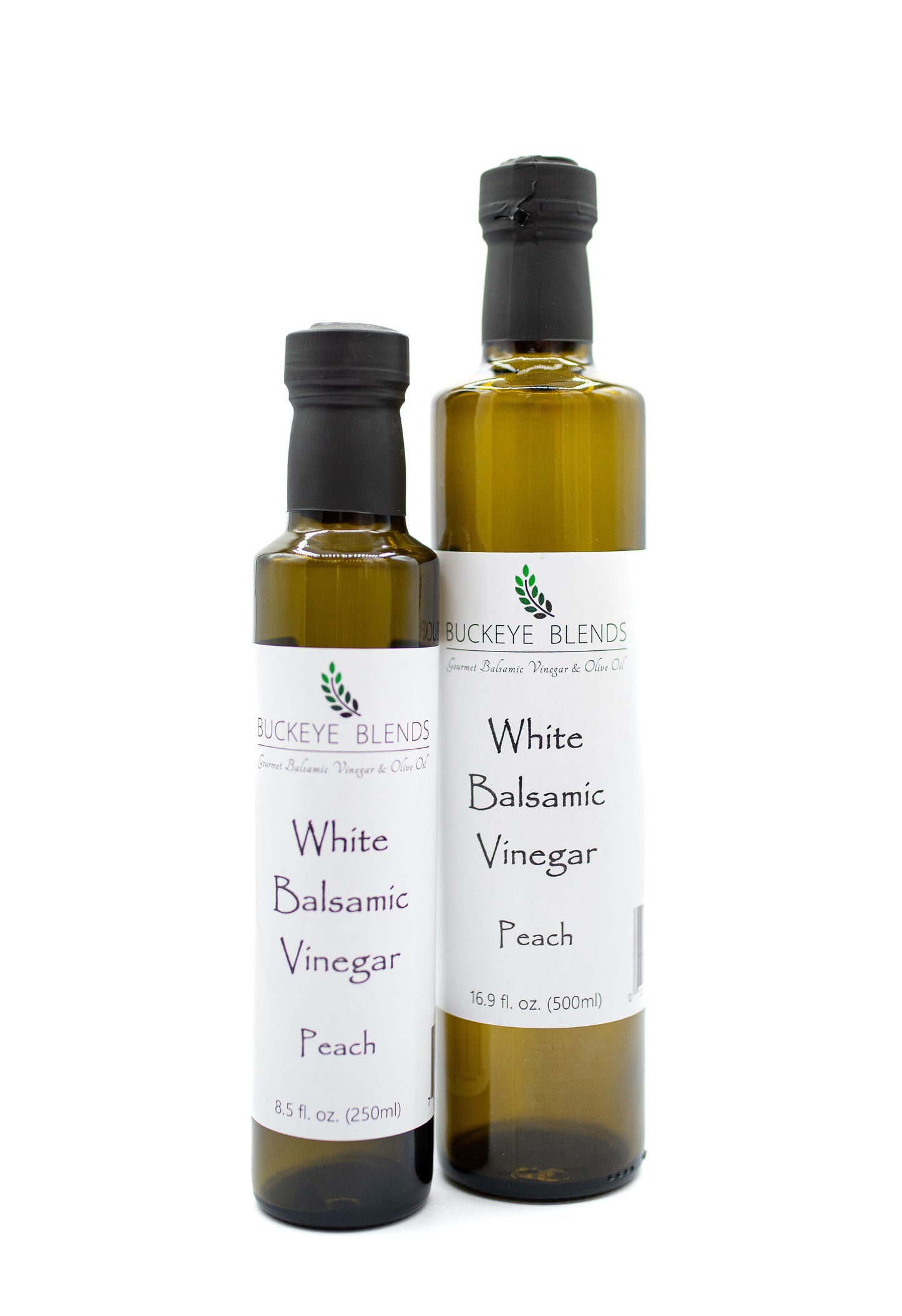 Buckeye Blends Peach White Balsamic Vinegar is sweet and rich and a perfect dressing for fish, chicken, or pork. It's thick like a balsamic glaze and makes a tasty balsamic vinaigrette when paired with our lemon olive oil. It also pairs nicely with our orange extra virgin olive oil.