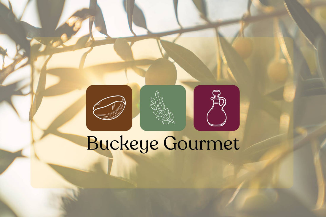 Buckye Gourmet logo in front of leaves