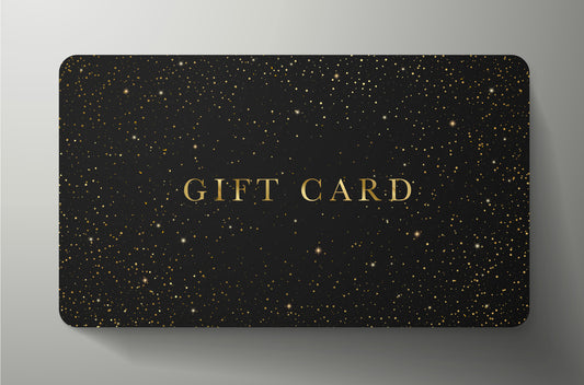 Black gift card with gold text on a gray background
