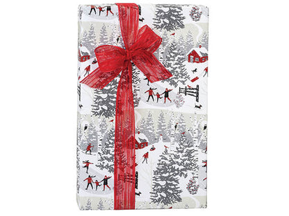 Christmas themed wrapped gift tied with red bow on white background.