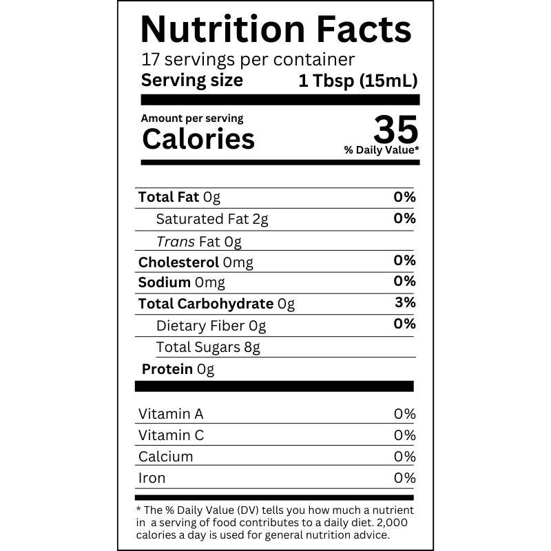 Nutrition Facts label for vinegar. Serving size 1 tablespoon (15mL).  Calories 35, Total Fat 0g, Saturated Fat 2g, Trans Fat 0g, Cholesterol 0mg, Sodium 0mg, Total Carbohydrate 0g, Dietary Fiber 0g, Total Sugars 8g, Protein 0g. Includes percentage of Daily Value for Total Carbohydrate