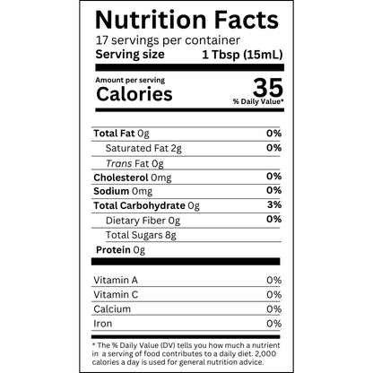 Nutrition Facts label for vinegar. Serving size 1 tablespoon (15mL).  Calories 35, Total Fat 0g, Saturated Fat 2g, Trans Fat 0g, Cholesterol 0mg, Sodium 0mg, Total Carbohydrate 0g, Dietary Fiber 0g, Total Sugars 8g, Protein 0g. Includes percentage of Daily Value for Total Carbohydrate