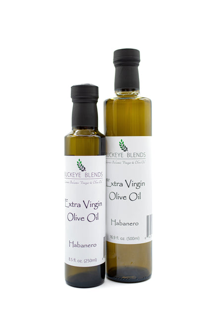 Buckeye Blends Habanero Olive Oil is perfectly balanced and full of sizzle. All natural Habanero pepper flavor is slowly infused with extra virgin olive oil to create this medium-hot blend. Perfect on chicken and fish, our habanero olive oil is the perfect olive oil to give your dish a little sizzle!  It's also delicious blended with our garlic olive oil and orange olive oil. 